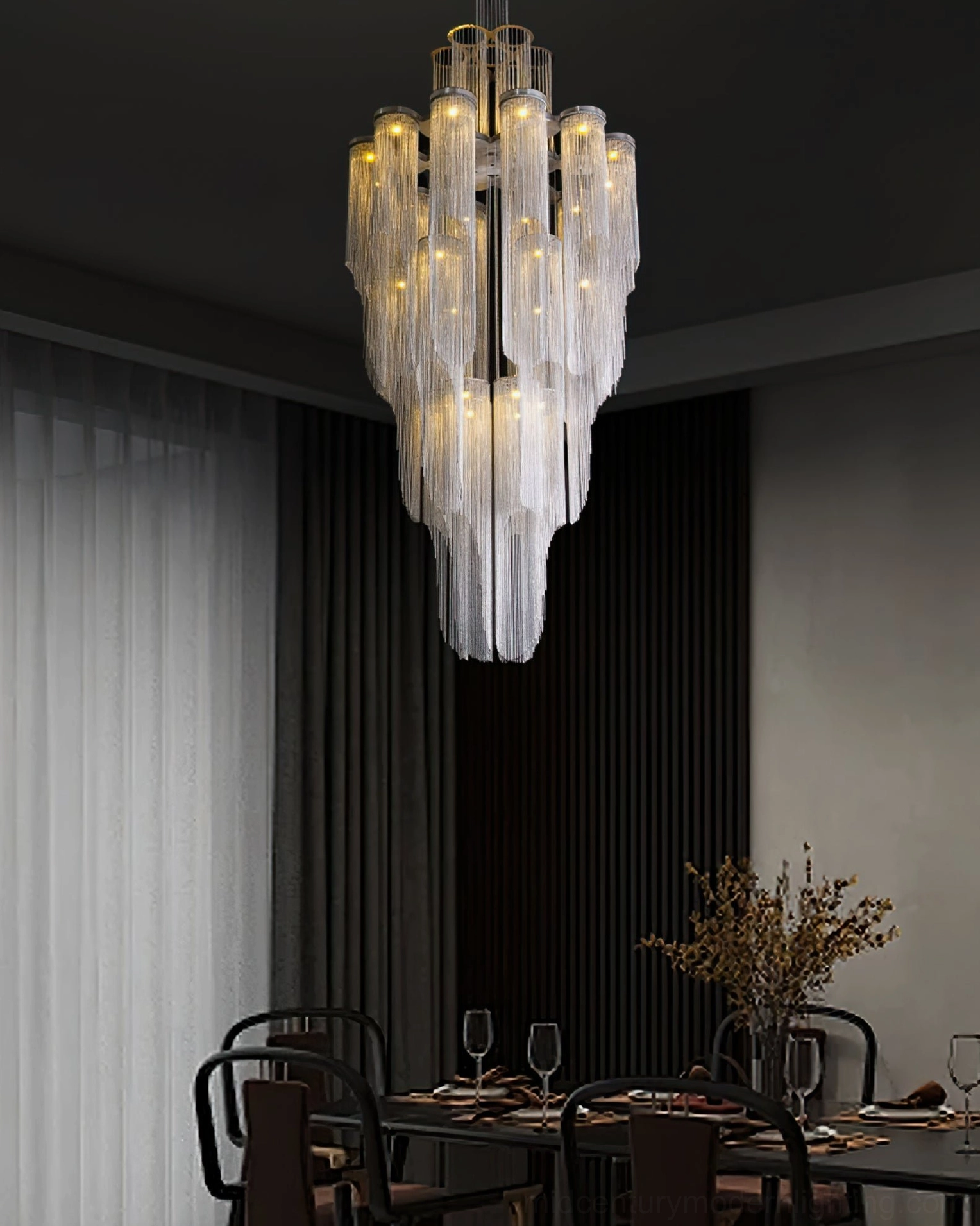 Full view of Cascade Silver Chandelier demonstrating scale and architectural presence