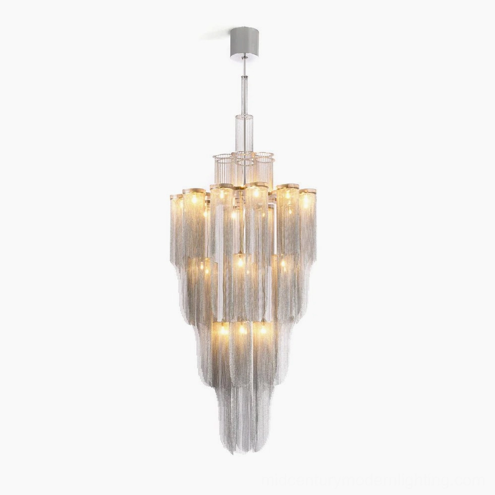 Cascade Silver Chandelier front view on white background - tiered crystal chandelier with silver aluminum chains