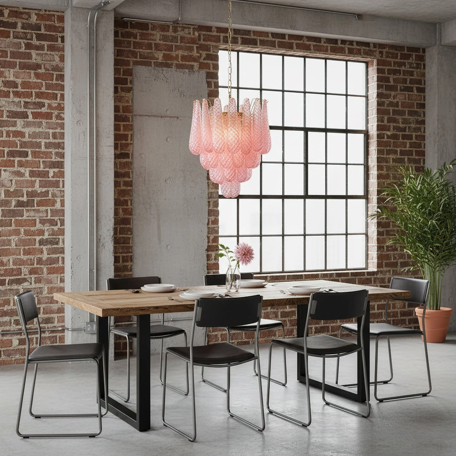 Cascading pink glass teardrop chandelier with gold metal frame suspension mechanism