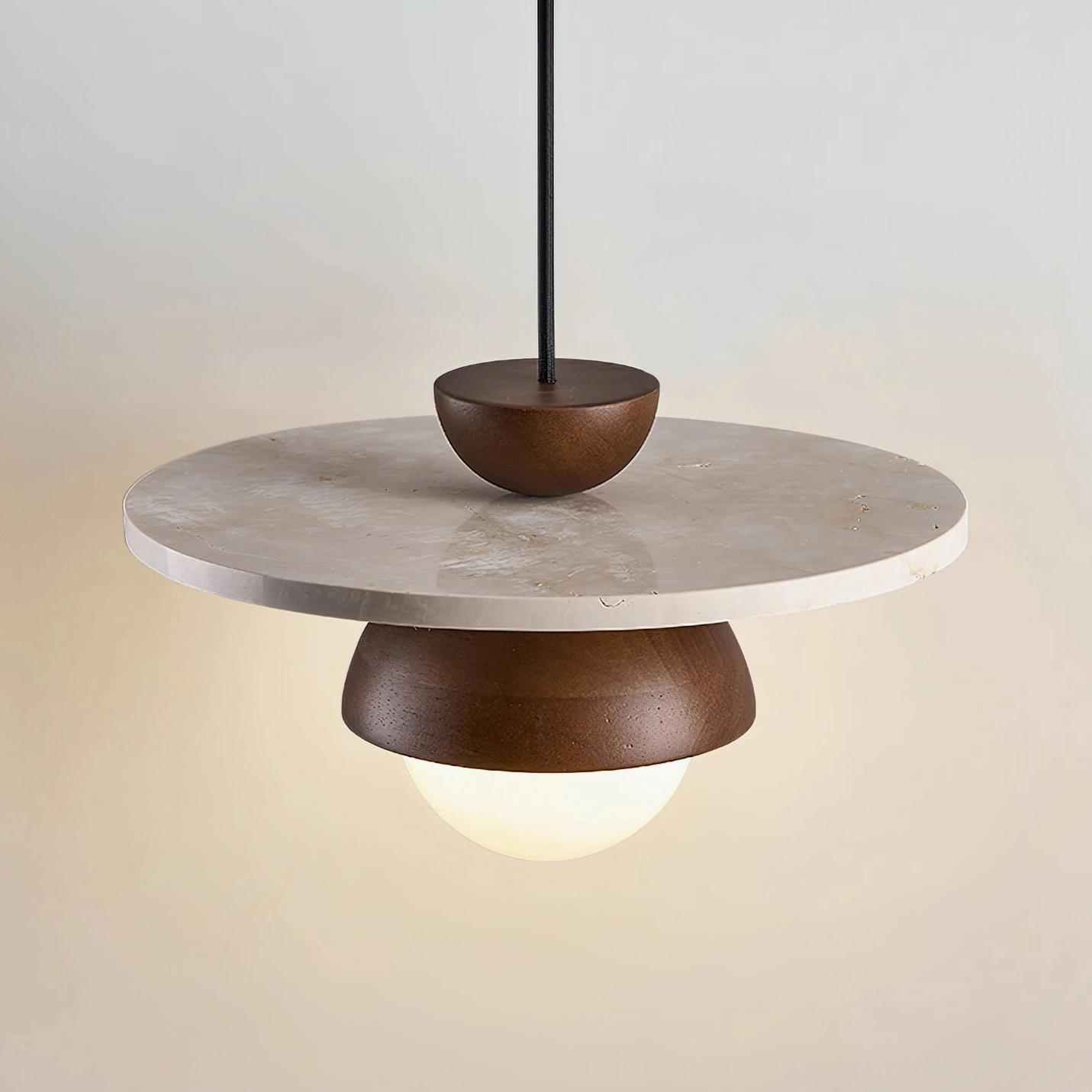Cassini mid-century pendant light architectural design with travertine and wood composition