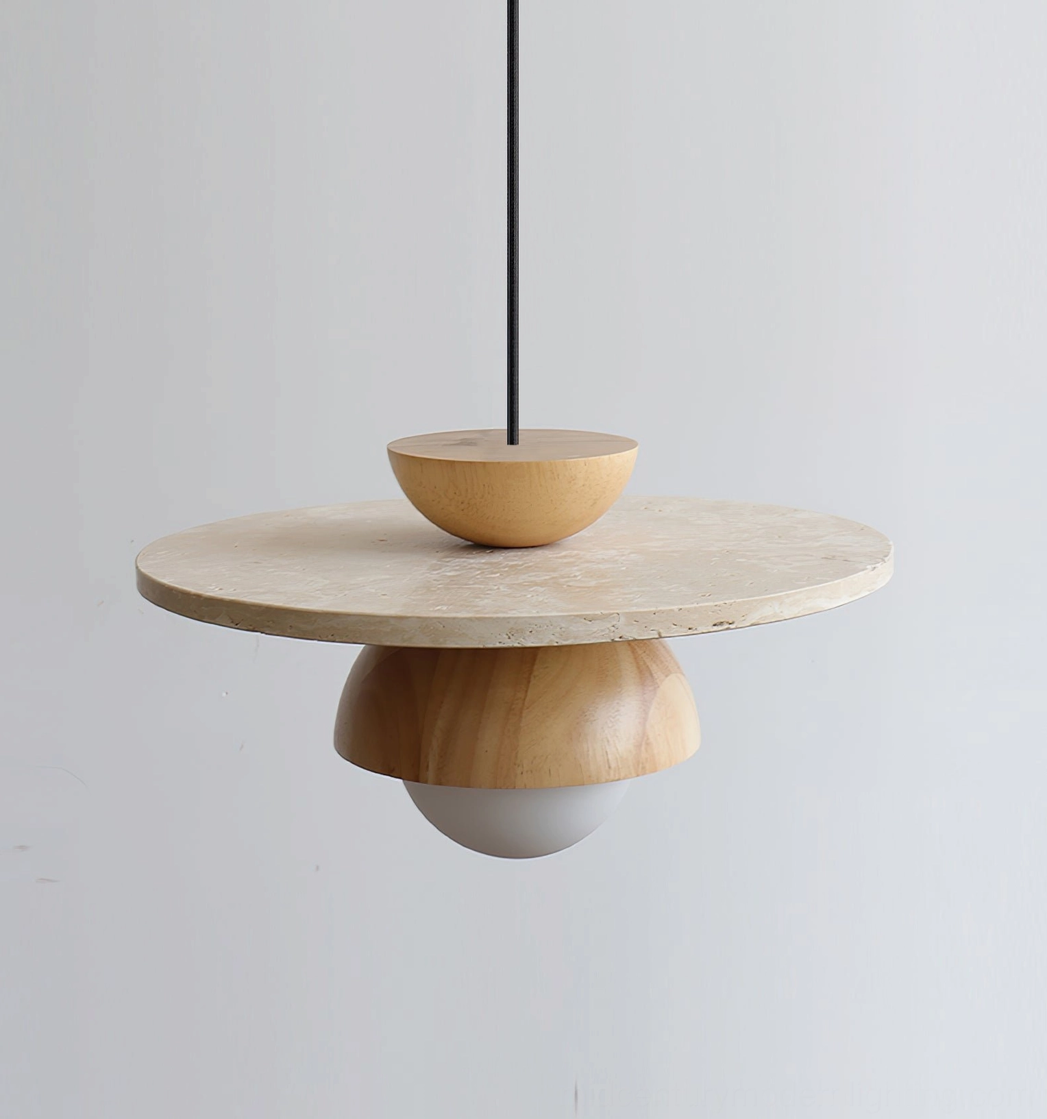 Cassini pendant light side view featuring natural wood finish and travertine stone disc design