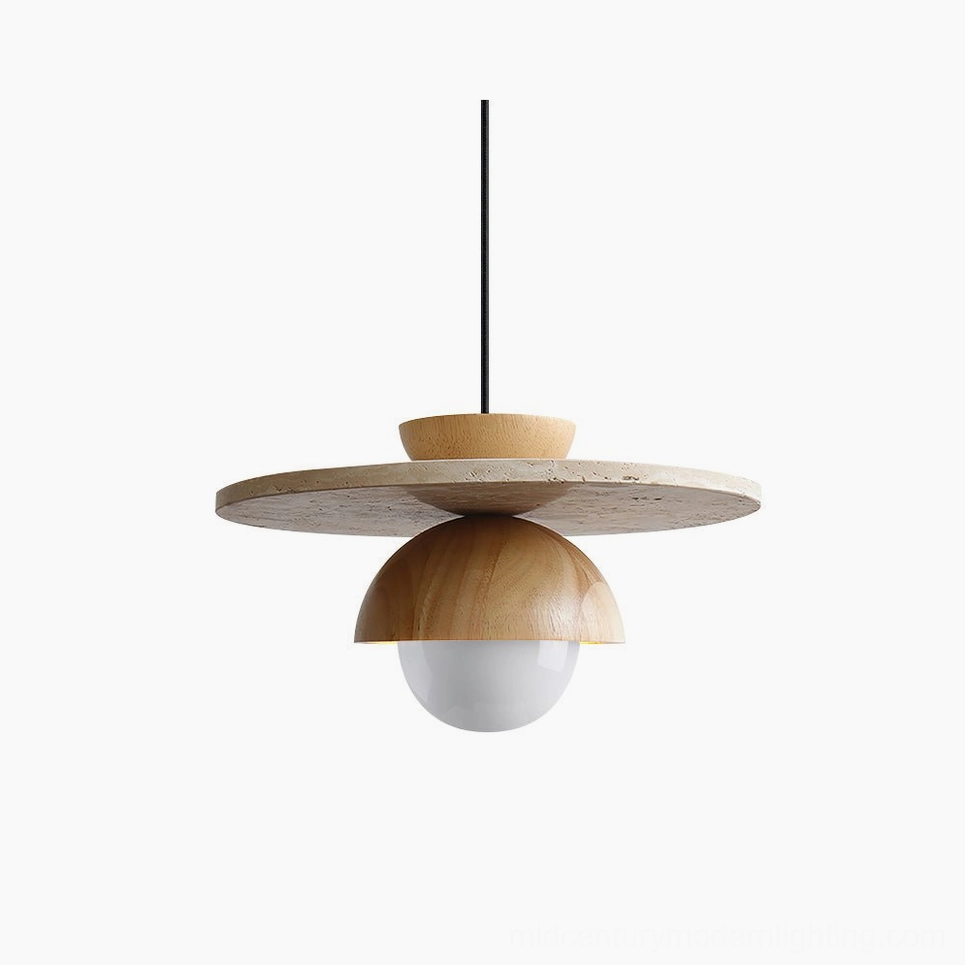 Cassini mid-century modern pendant light with walnut wood dome and beige travertine disc on white background