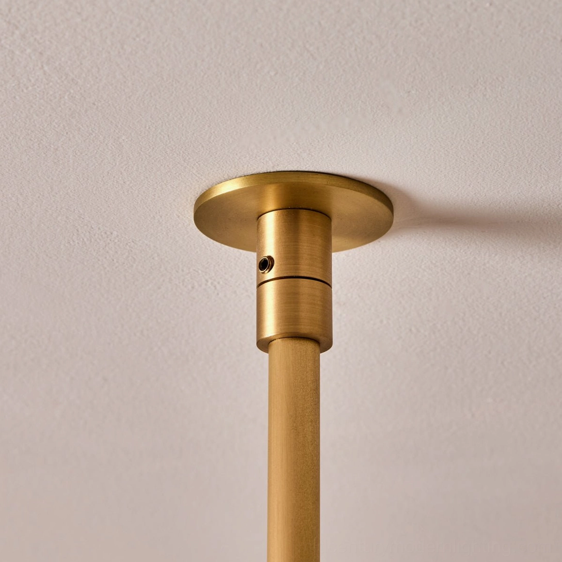 Cecil chandelier ceiling mounting bracket and rod assembly, brass hardware close-up detail