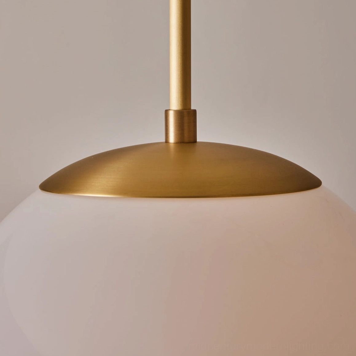 Cecil pendant light canopy and frosted opal glass globe, brass dome hardware detail shot