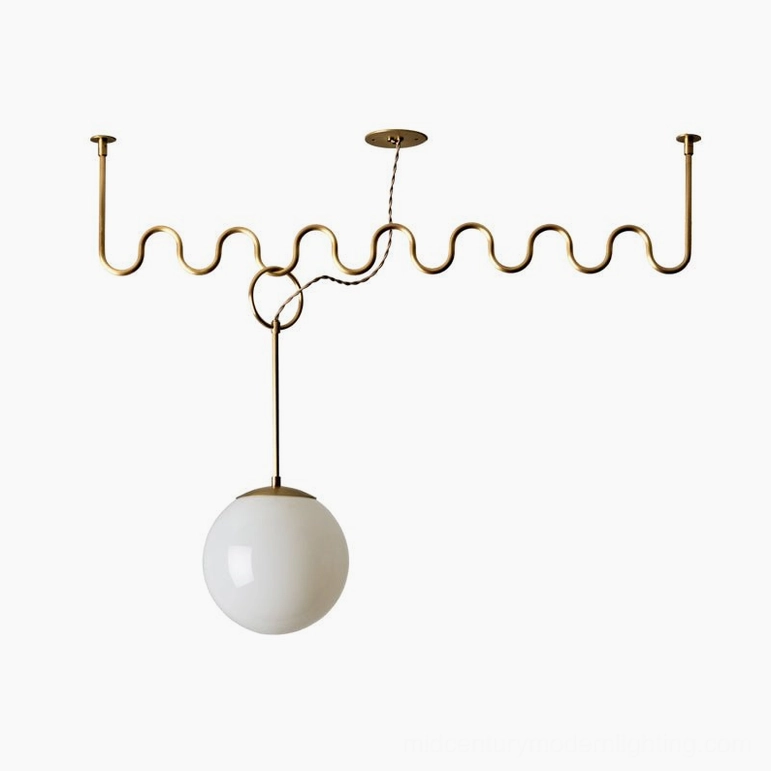 Single-head Cecil wavy chandelier with opal glass globe in gold brass finish, mid-century modern style