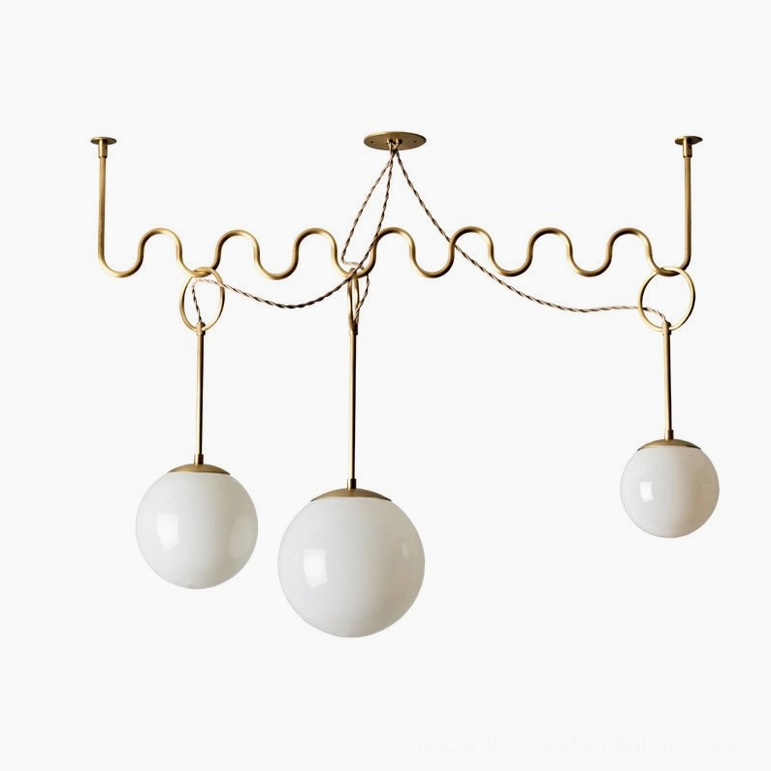 Three-head Cecil wavy chandelier with opal glass globes in gold brass, contemporary mid-century modern fixture