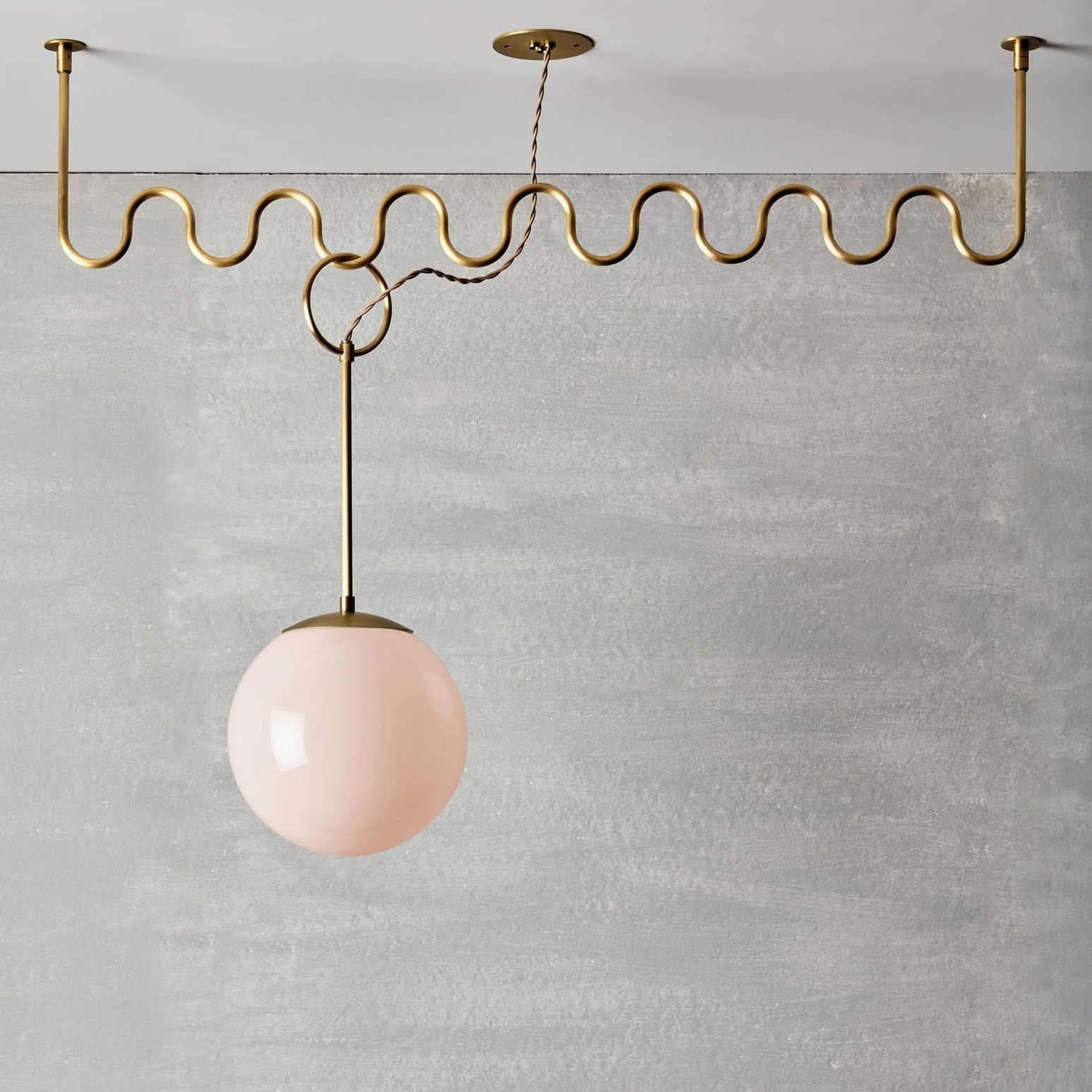 Two-head Cecil wavy chandelier with blush pink opal glass globes, brass frame mid-century modern design