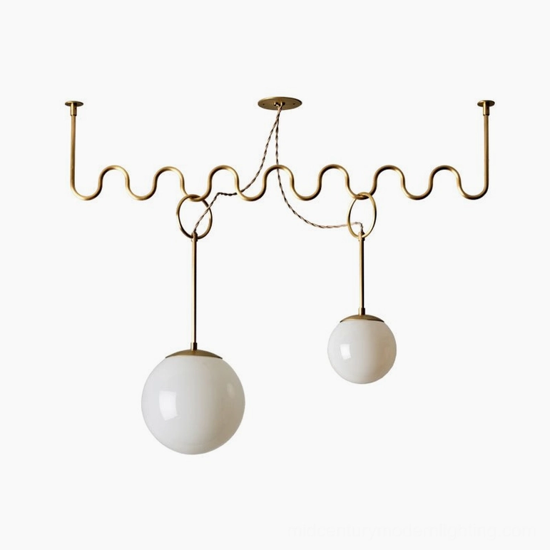 Two-head Cecil wavy brass chandelier with opal glass globes, sculptural mid-century modern ceiling light