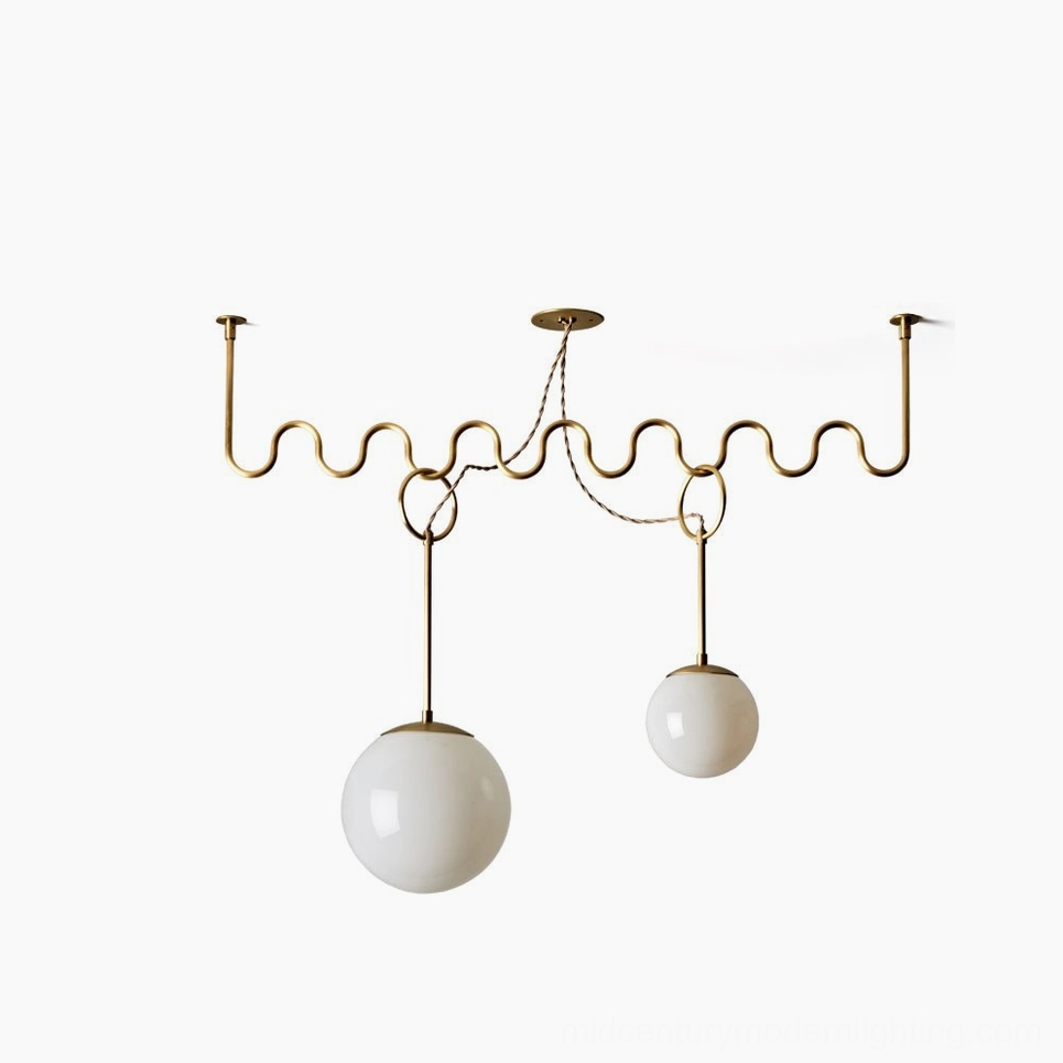Cecil wavy brass chandelier product shot showing complete sculptural frame design and opal glass diffusers