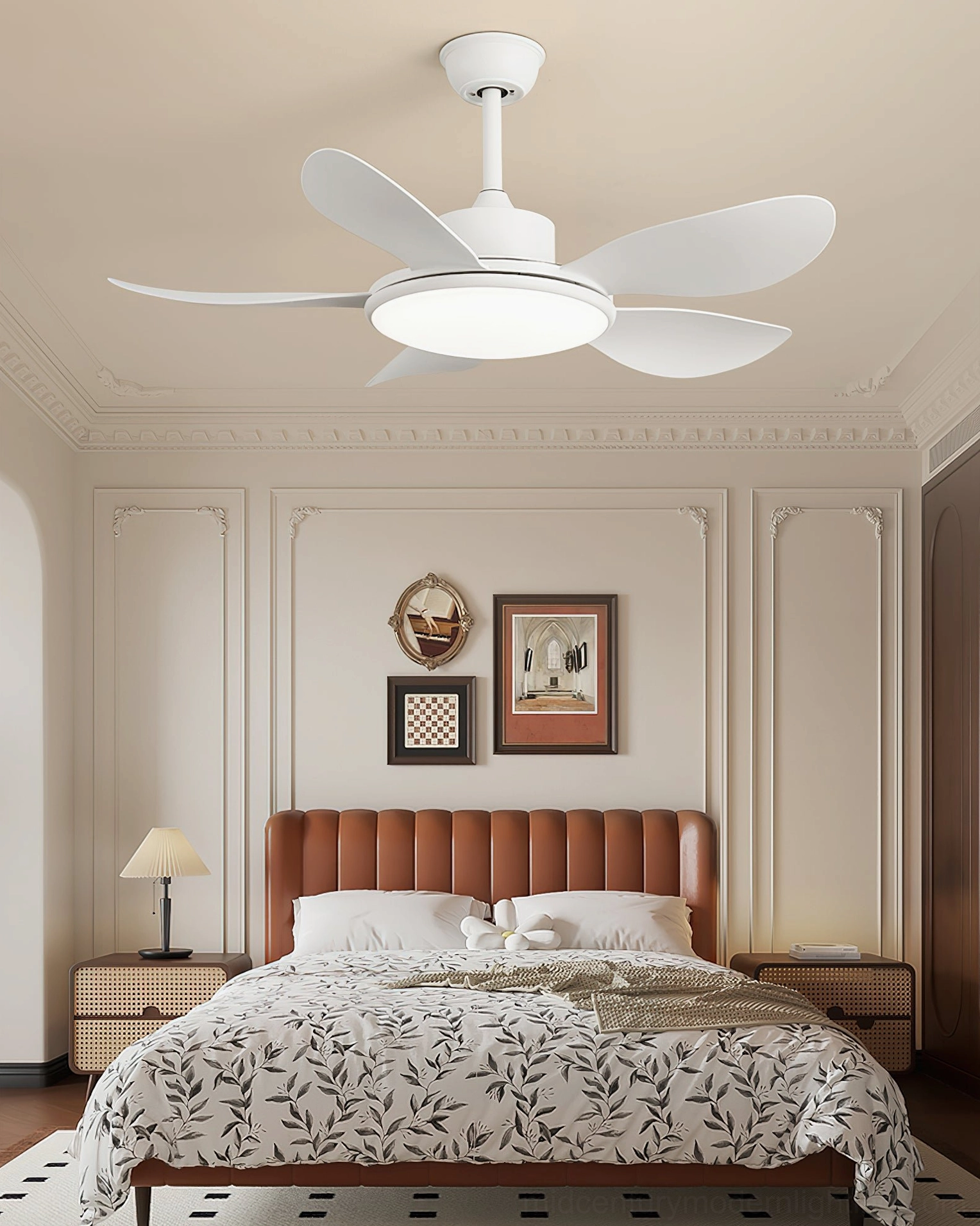 Contemporary organic ceiling fan light - detail view of premium metal construction and ABS fan blades