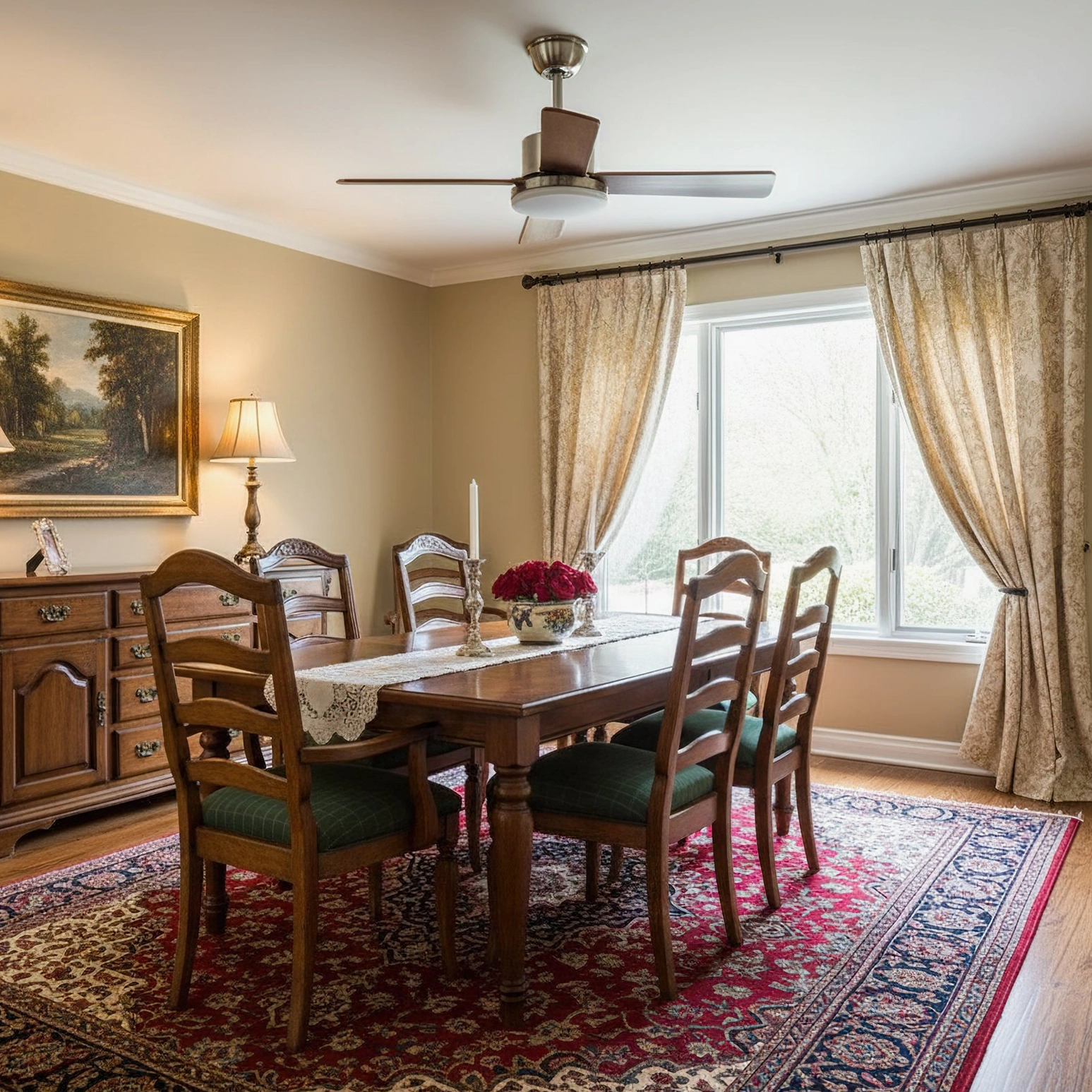 Integrated LED ceiling fan light in elegant dining area with beige curtains, dark wood table, and green upholstered seating