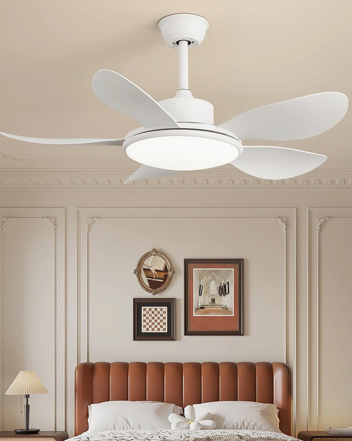 Overhead close-up of contemporary ceiling fan fixture - clean white minimalist bedroom design