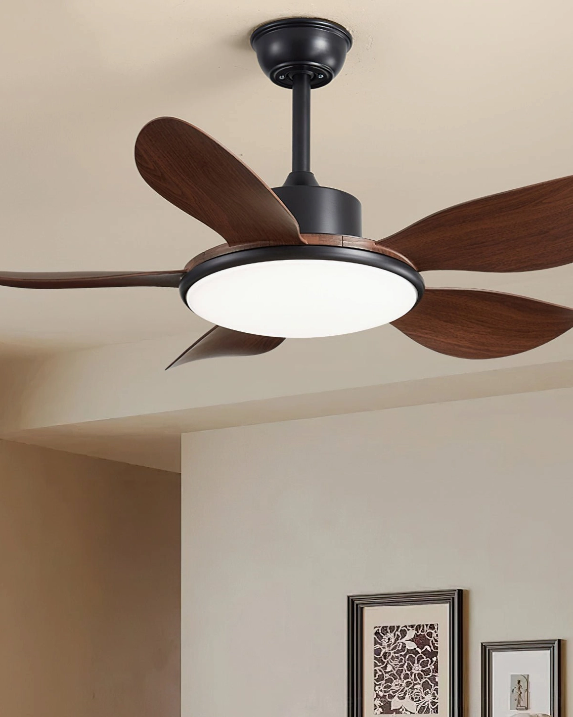 Modern ceiling fan with three-color changing LED light - remote control functionality close-up