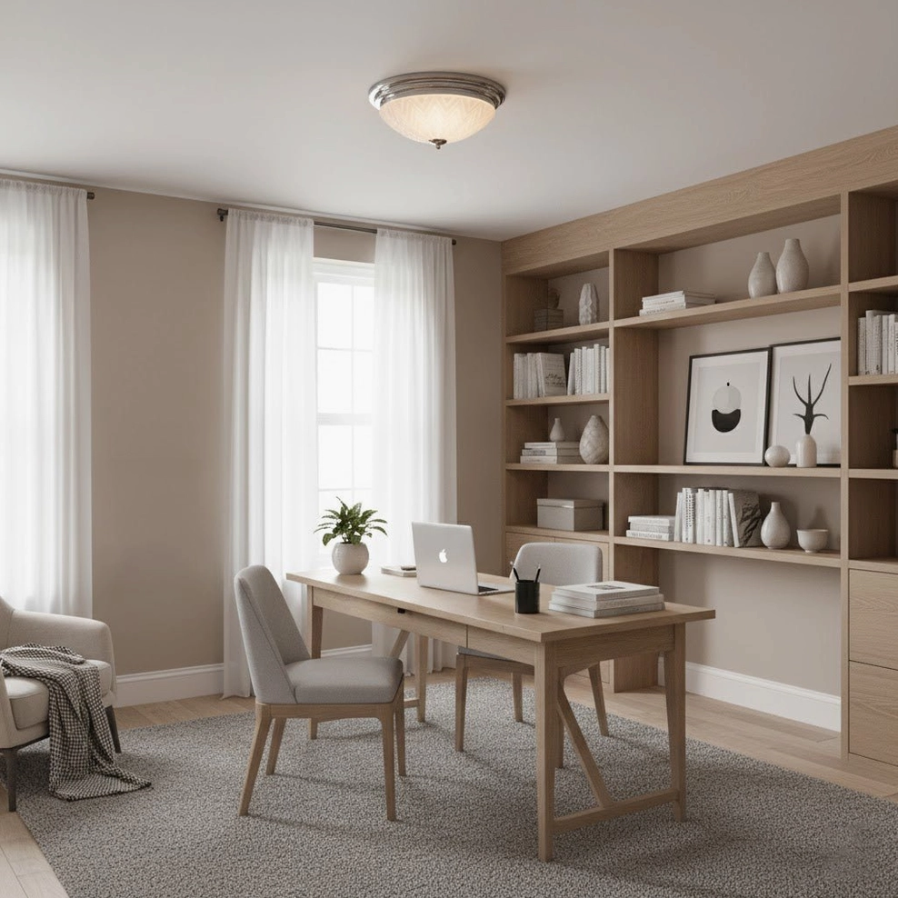 Chrome ceiling lamp installed in bright home office workspace with built-in bookshelves and wooden desk
