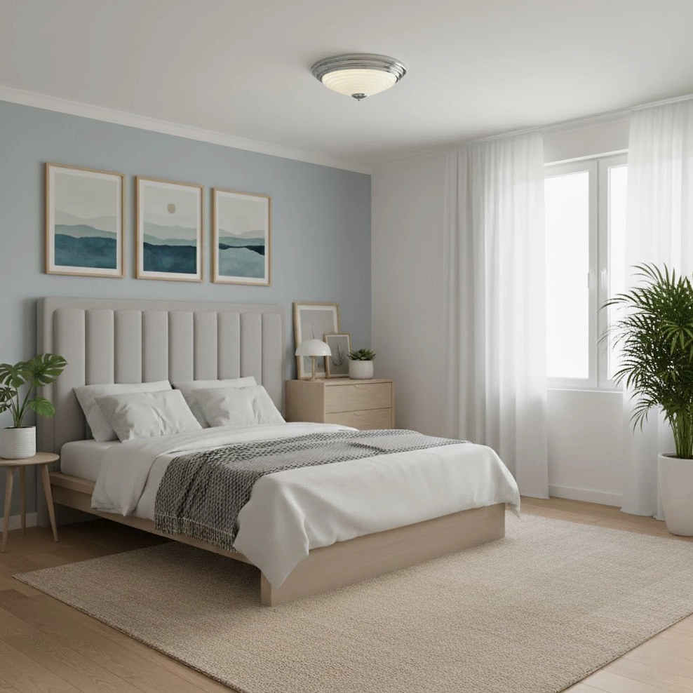 Modern ceiling lamp in contemporary bedroom with tufted headboard, light blue accent wall, and triptych wall art