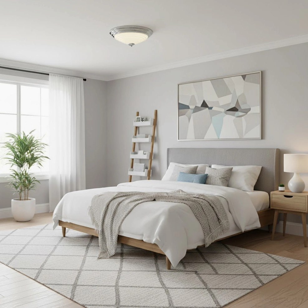 Modern ceiling lamp in contemporary king-size bedroom with geometric wall art and ladder storage shelf
