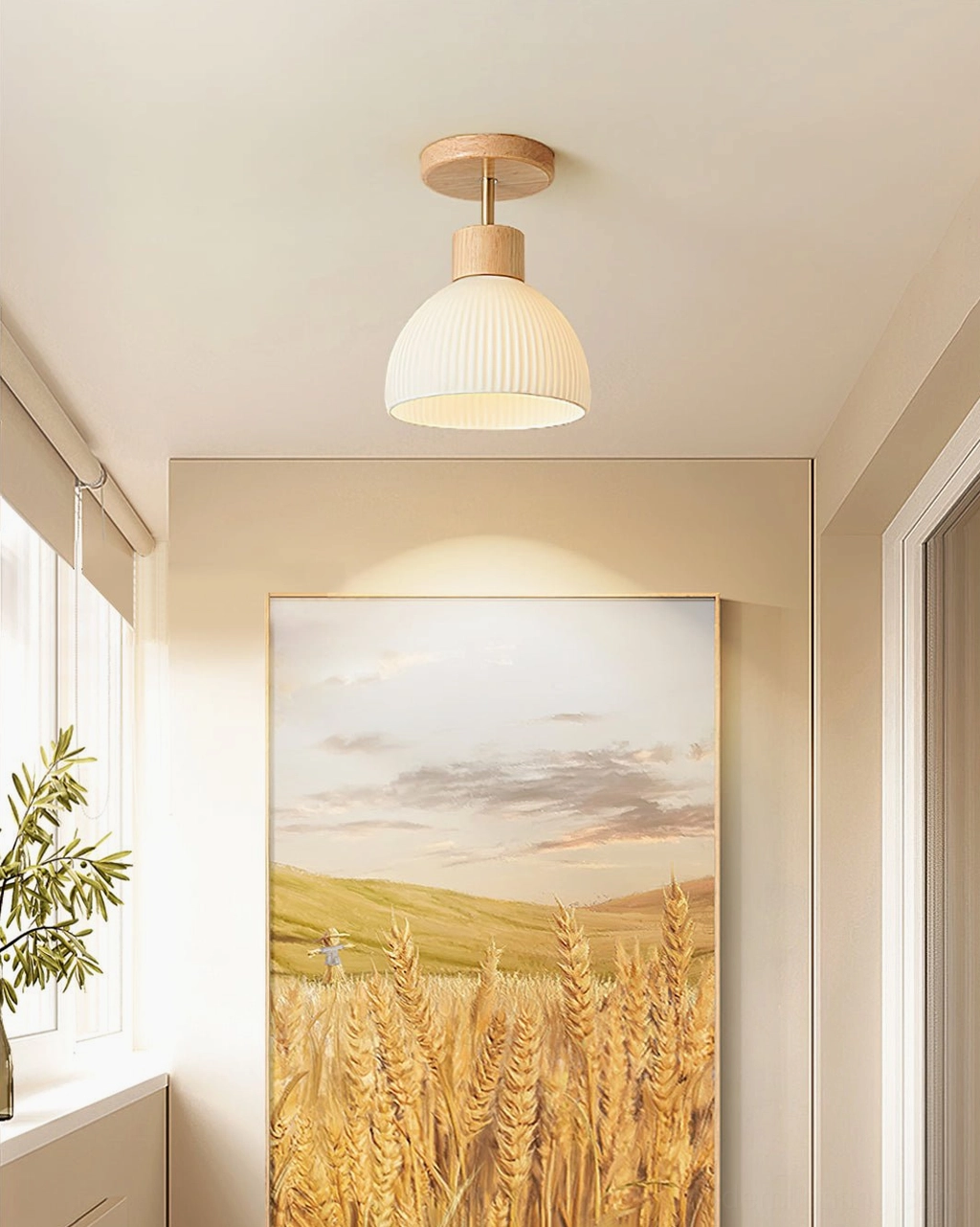 Ribbed ceiling light fixture casting subtle shadow pattern on wall and ceiling surface