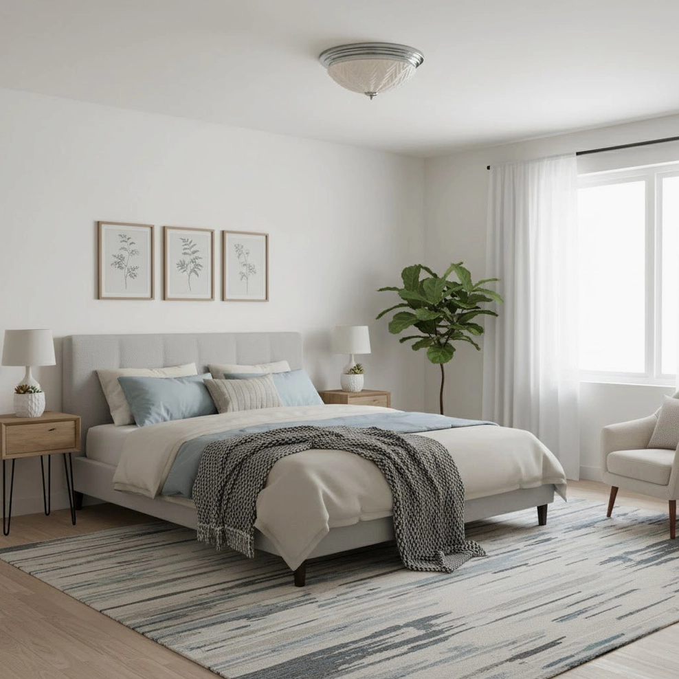 Chrome ceiling lamp mounted in warm neutral bedroom with framed wall art and potted green plant, contemporary home decor