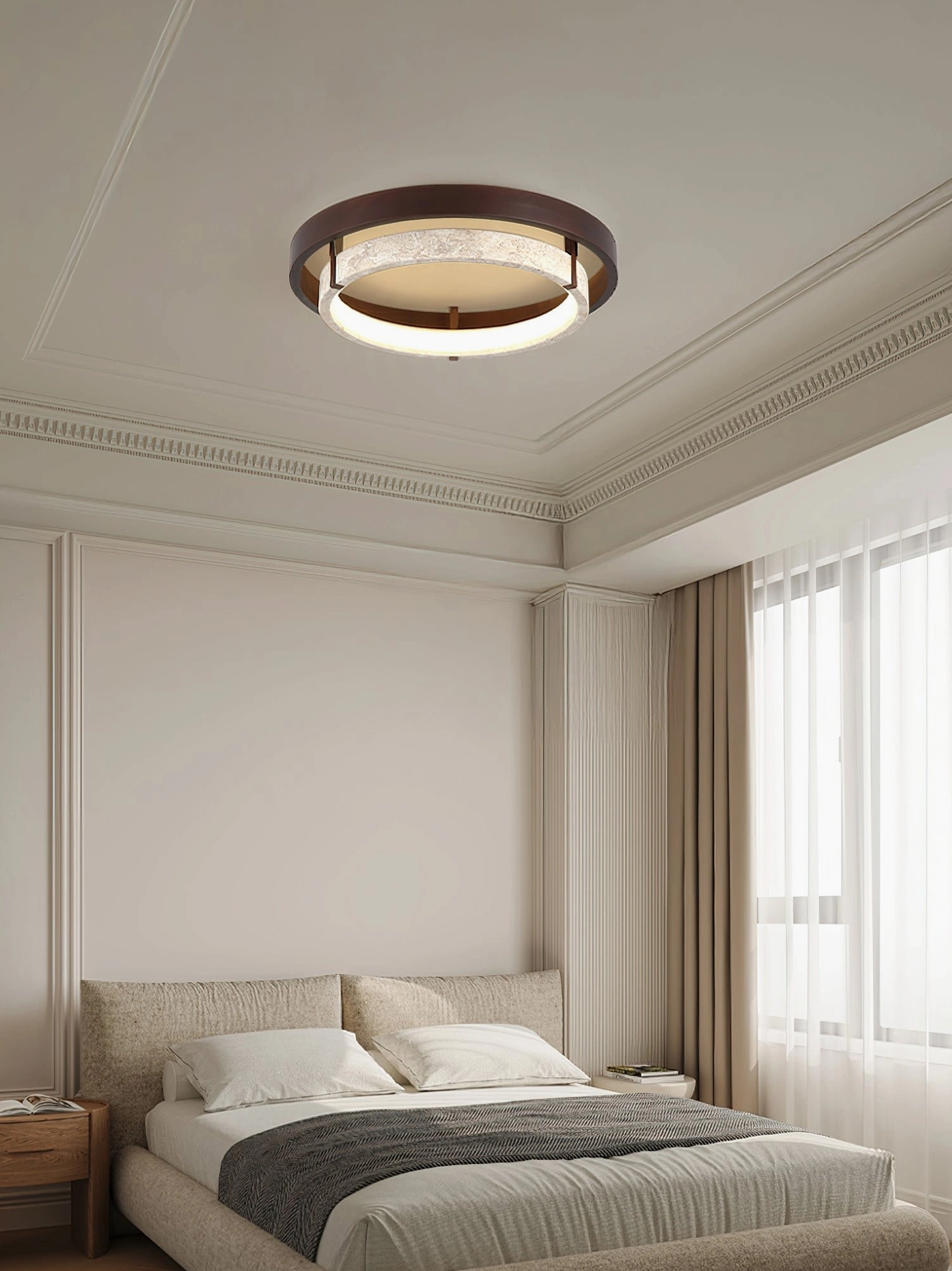 Flush mount travertine light with crown molding in modern bedroom, neutral home decor