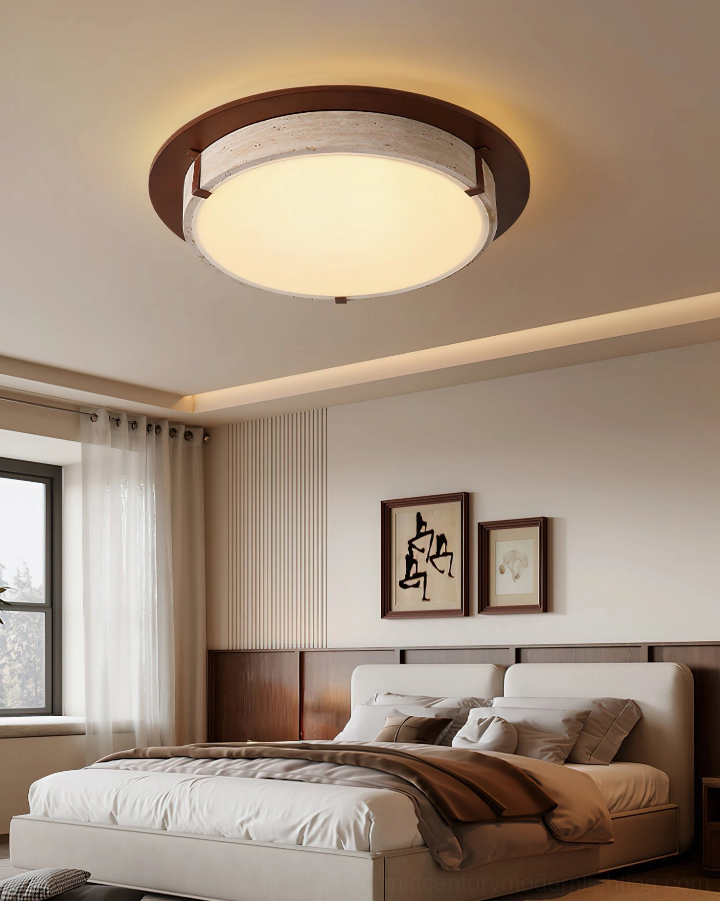Mid-century modern flush mount ceiling light installed in rustic modern bedroom interior design