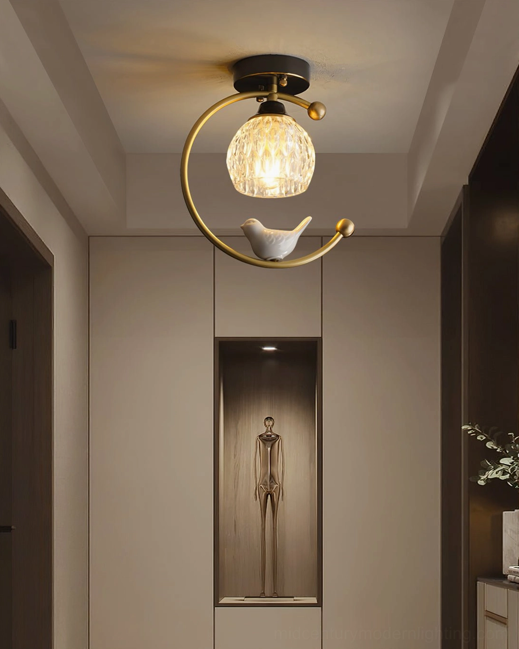 Ceramic bird ceiling lamp with artistic lighting setup emphasizing sculptural form and craftsmanship