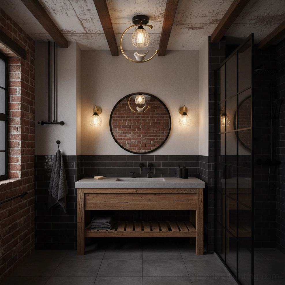 Ceramic bird ceiling lamp with matching wall sconces above wooden vanity in modern bathroom with tile wall