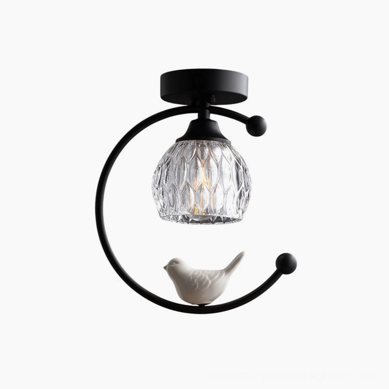 Black ceramic bird ceiling lamp fixture with bud-shaped glass shades and solid brass mounting