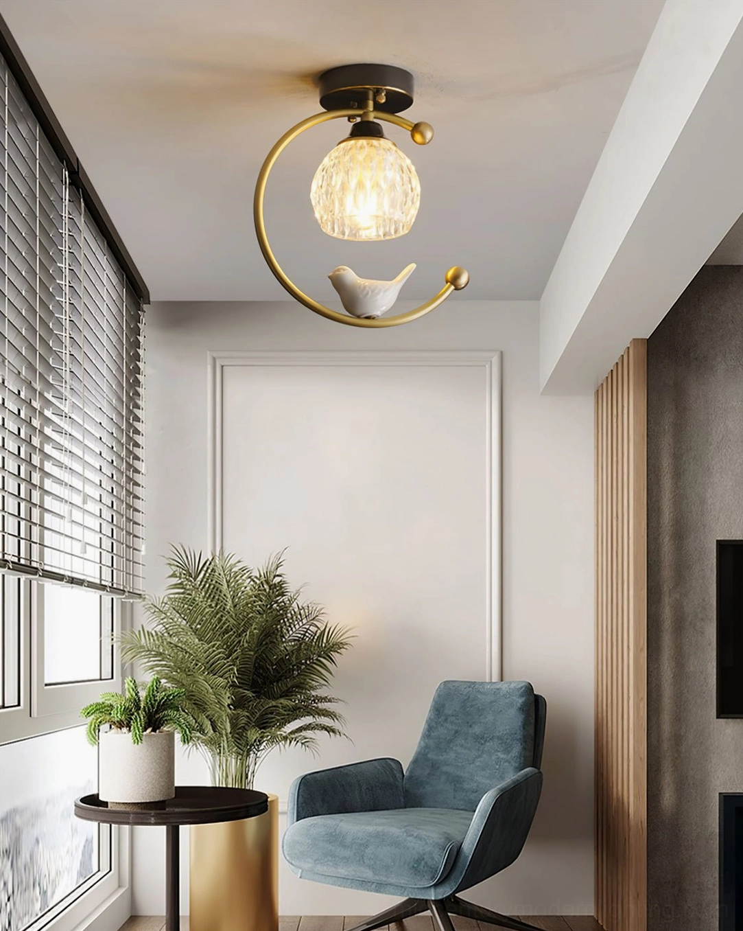 Black finish ceramic bird ceiling lamp with modern minimalist aesthetic and clean lines