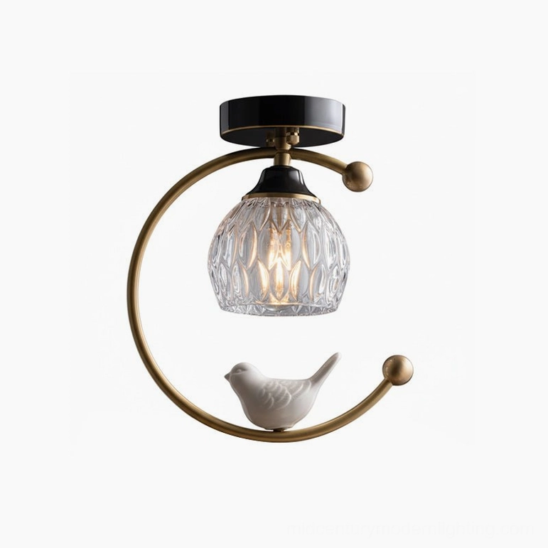 Brass and black ceramic bird ceiling lamp showing mixed metal finish option and styling versatility