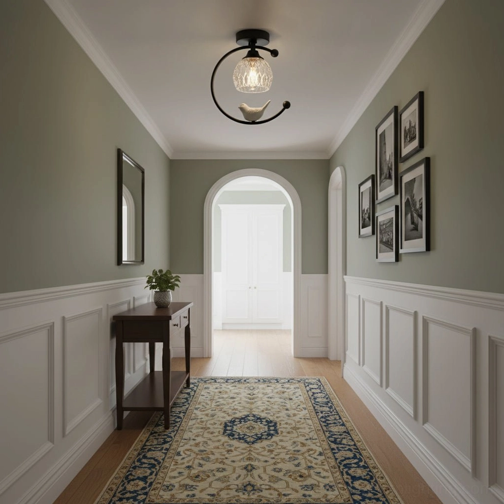 Ceramic bird ceiling lamp brass finish with handcrafted ceramic bird detail and bud-shaped glass shade