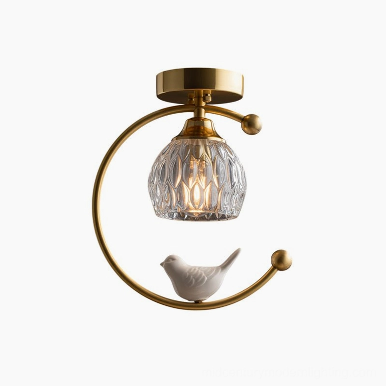 Brass finish ceramic bird ceiling lamp with gold-rubbed detailing and vintage aesthetic