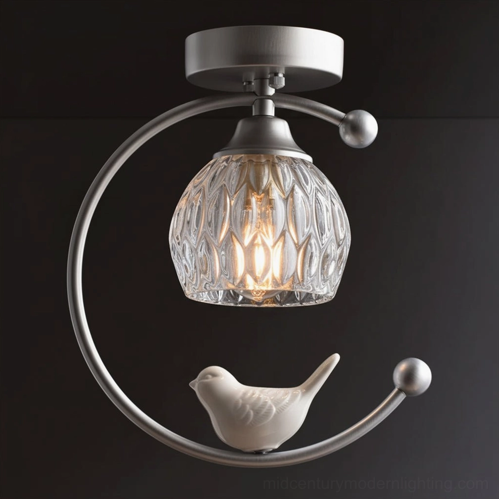 Ceramic bird ceiling lamp with individual ceramic bird sculpture and glass shade assembly