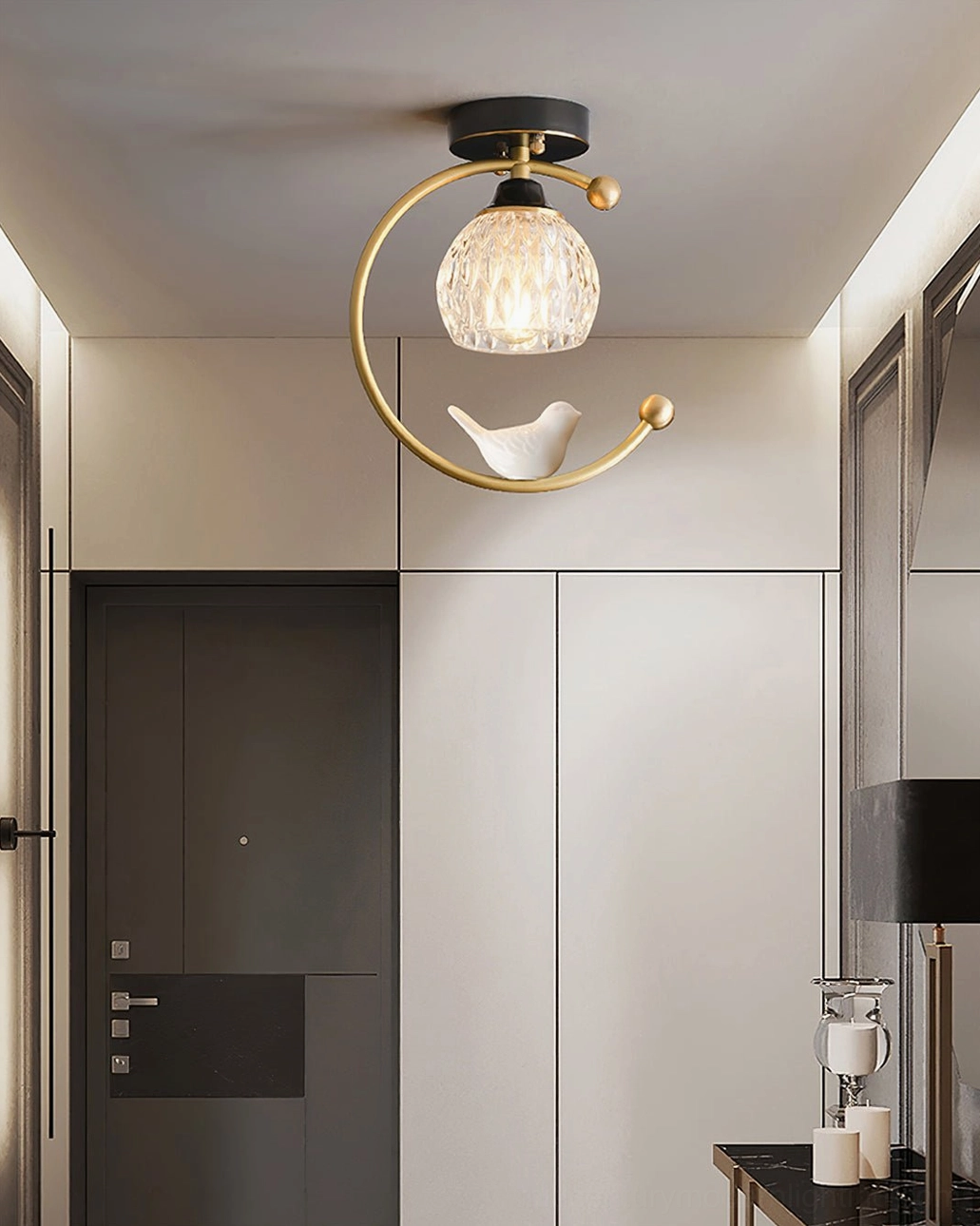 Ceramic bird ceiling lamp product overview showing complete fixture design and components