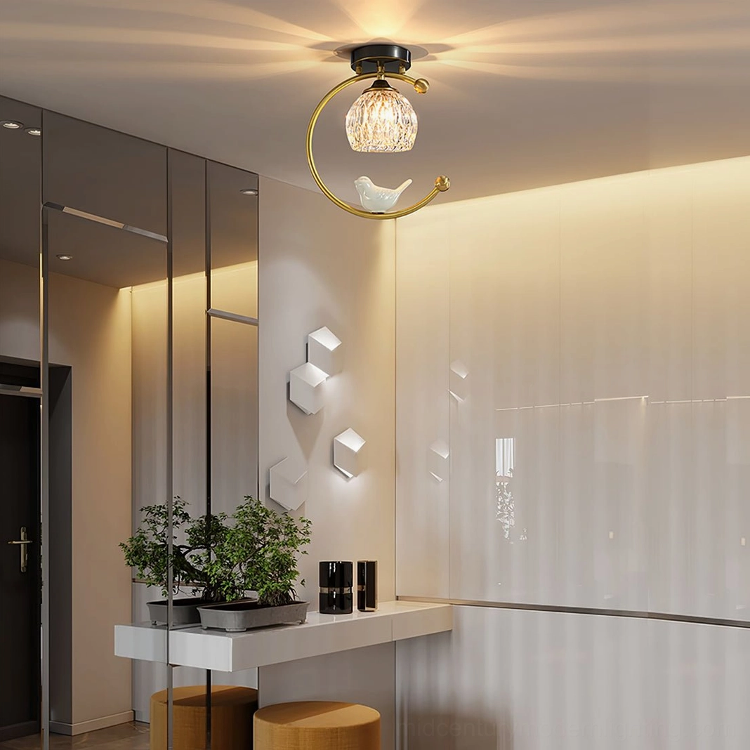 Ceramic bird ceiling lamp mounted above entryway creating welcoming artistic focal point