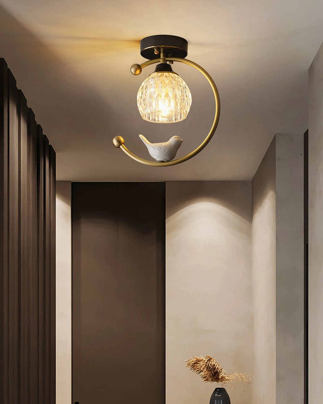 Multiple ceramic bird ceiling lamps grouped together showing different color finish options