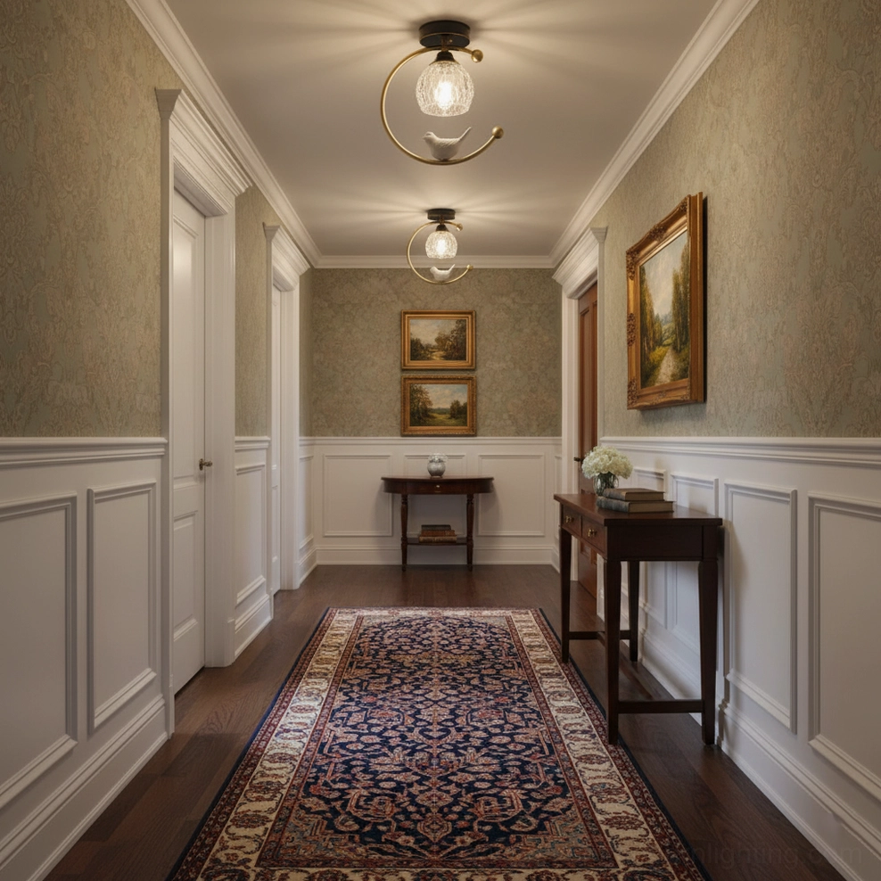 Ceramic bird ceiling lamp in vintage residential hallway with wainscot paneling and antique area rug