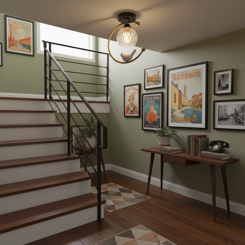 Ceramic bird flush mount ceiling lamp mounted on stair landing in modern residential home with gallery wall