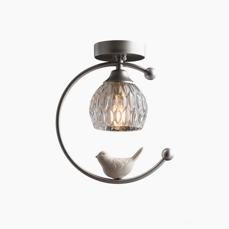 Nickel finish ceramic bird ceiling lamp with polished metal frame and precision detailing