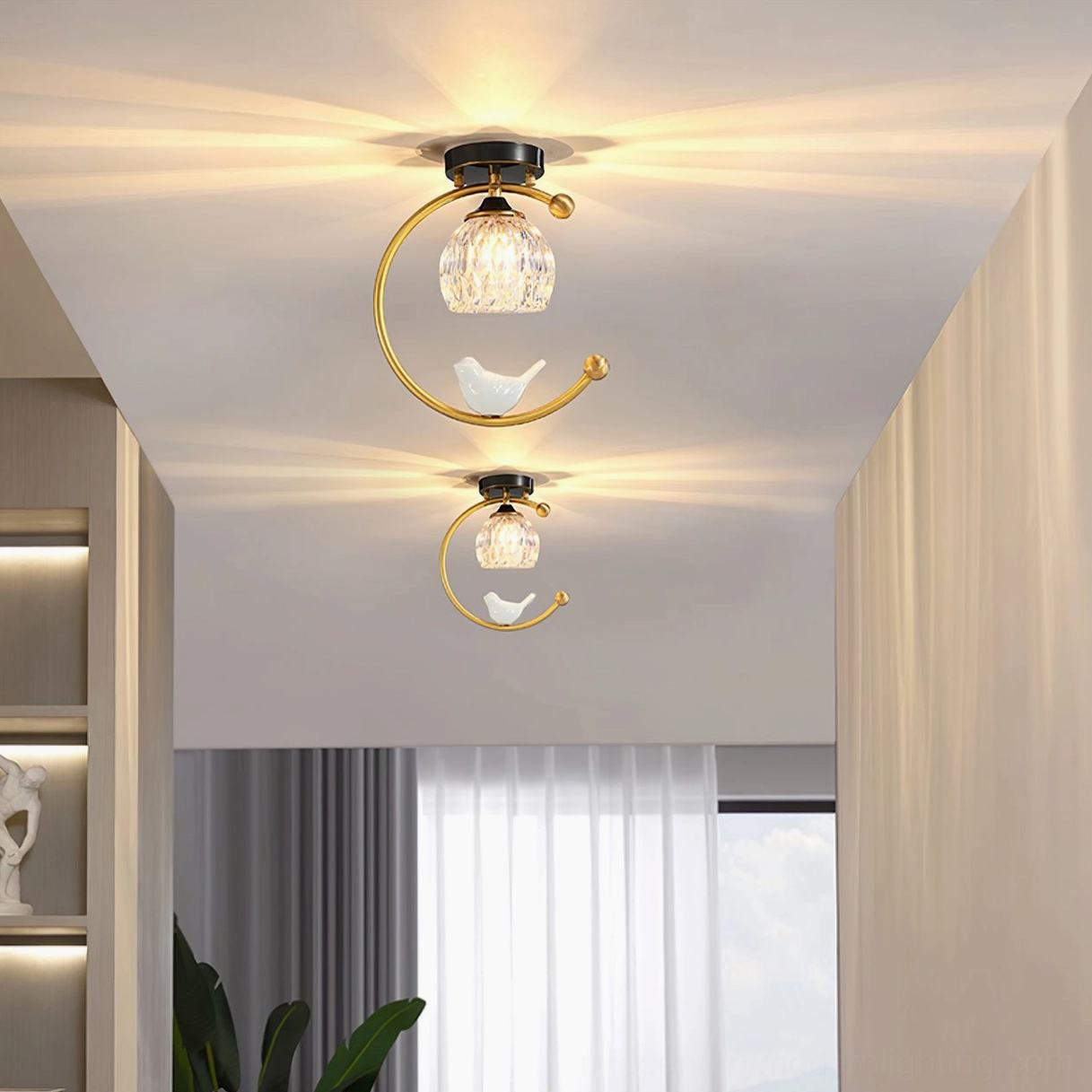 Ceramic bird flush mount ceiling lamp installed in residential interior hallway with vintage styling