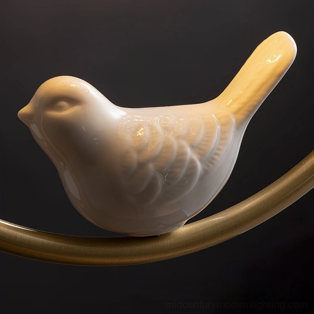 Ceramic bird ceiling lamp interior perspective showing glass shade diffusion and light quality