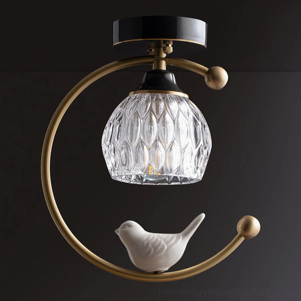 Ceramic bird flush mount ceiling lamp size and scale reference in residential room context