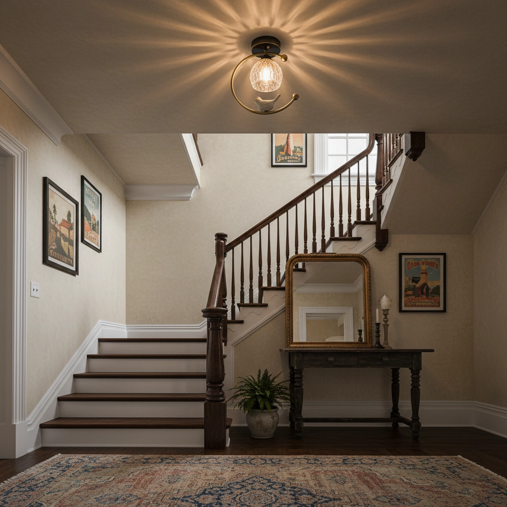 Ceramic bird flush mount ceiling lamp installed in traditional residential stairwell above wooden stairs