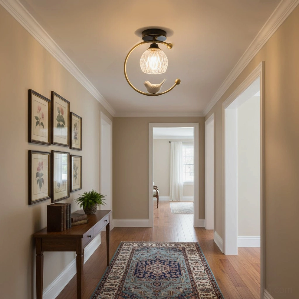 White ceramic bird ceiling lamp fixture with glass shades, artistic product photography