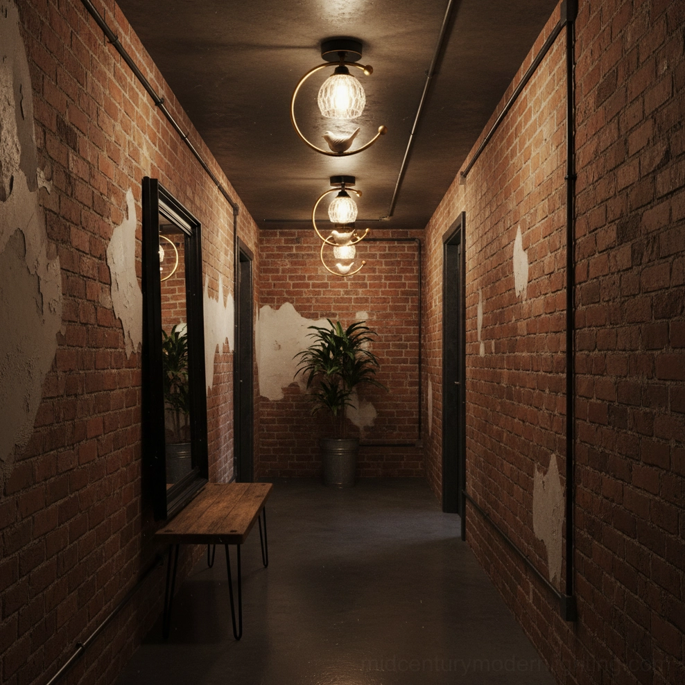 Multiple ceramic bird ceiling lamps mounted in industrial hallway with exposed brick wall architecture