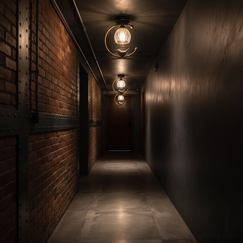 Row of ceramic bird ceiling lamps in dimly lit industrial hallway with dark accent walls and brick
