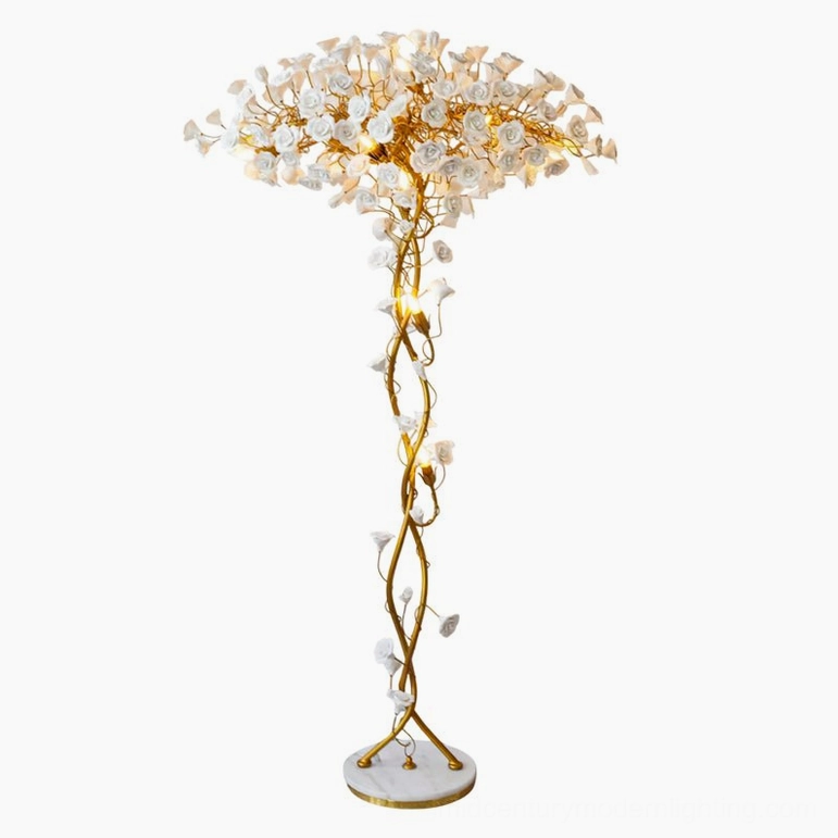 Ceramic flower floor lamp with brass and white finish available in multiple regional plug options - US UK EU AU