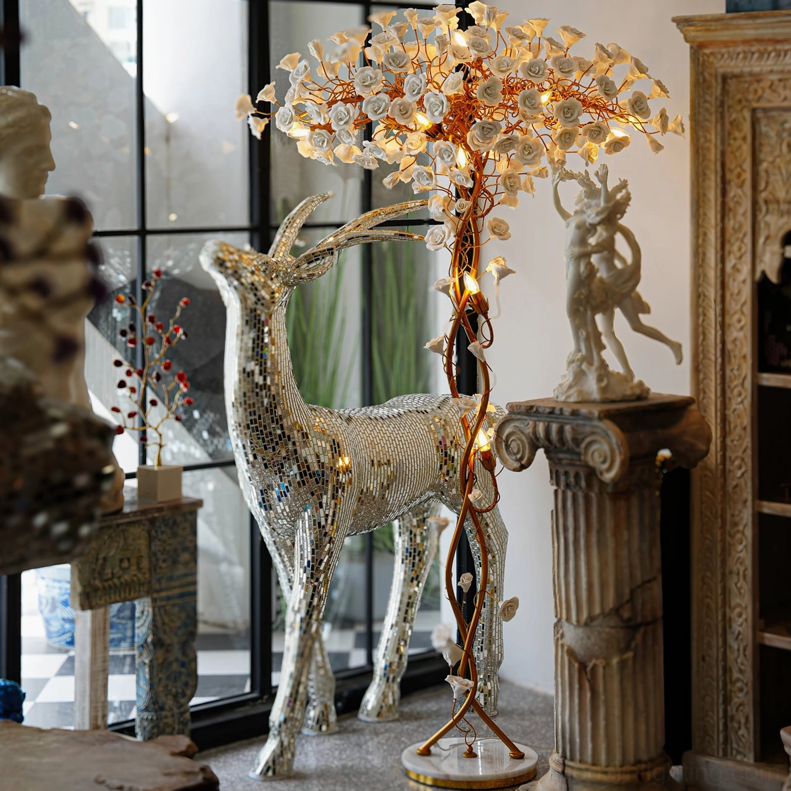 Ceramic flower brass lamp in classical high-end living room with mosaic deer statue and decorative columns