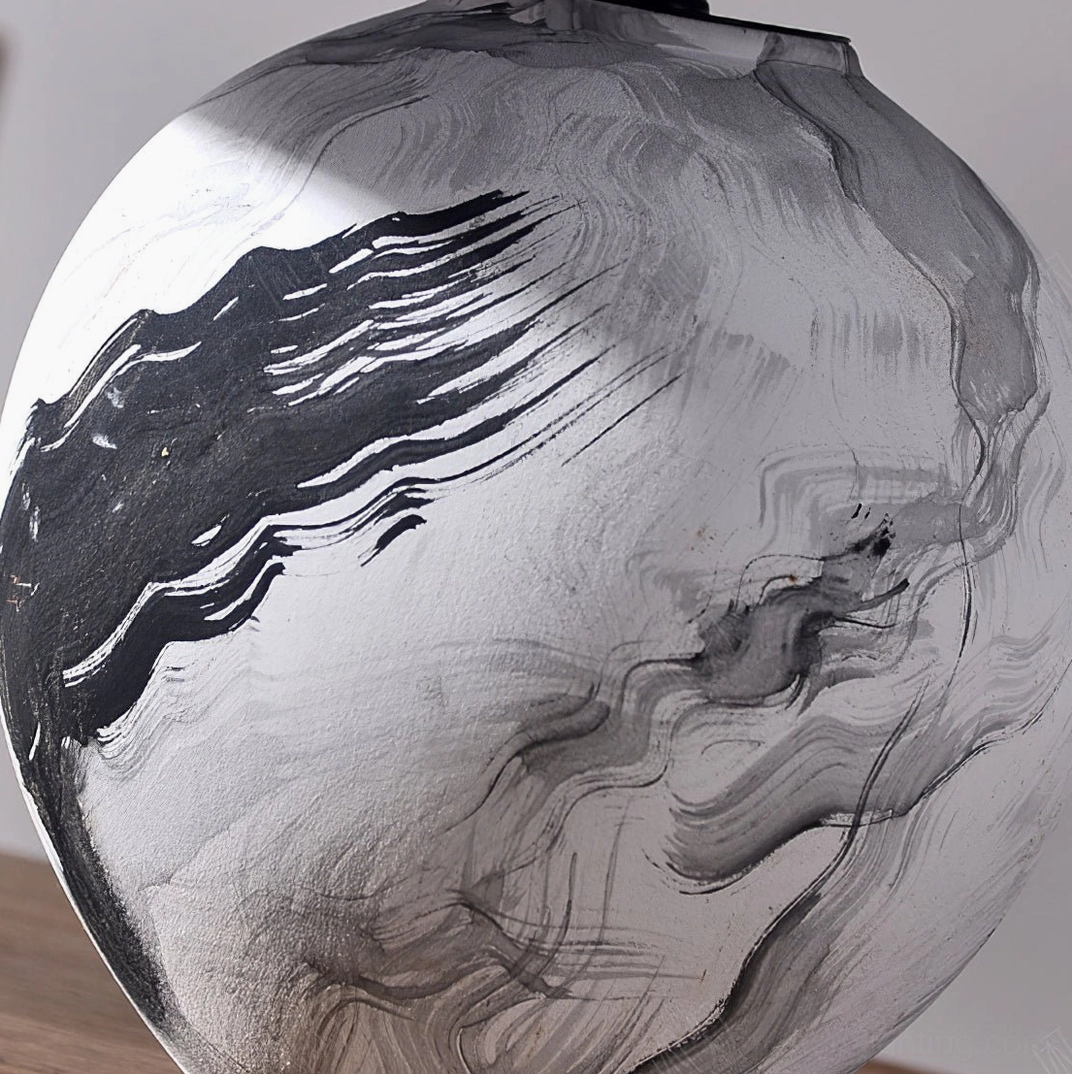 Contemporary ceramic table lamp base showing detailed ink-painted artistic pattern and craftsmanship