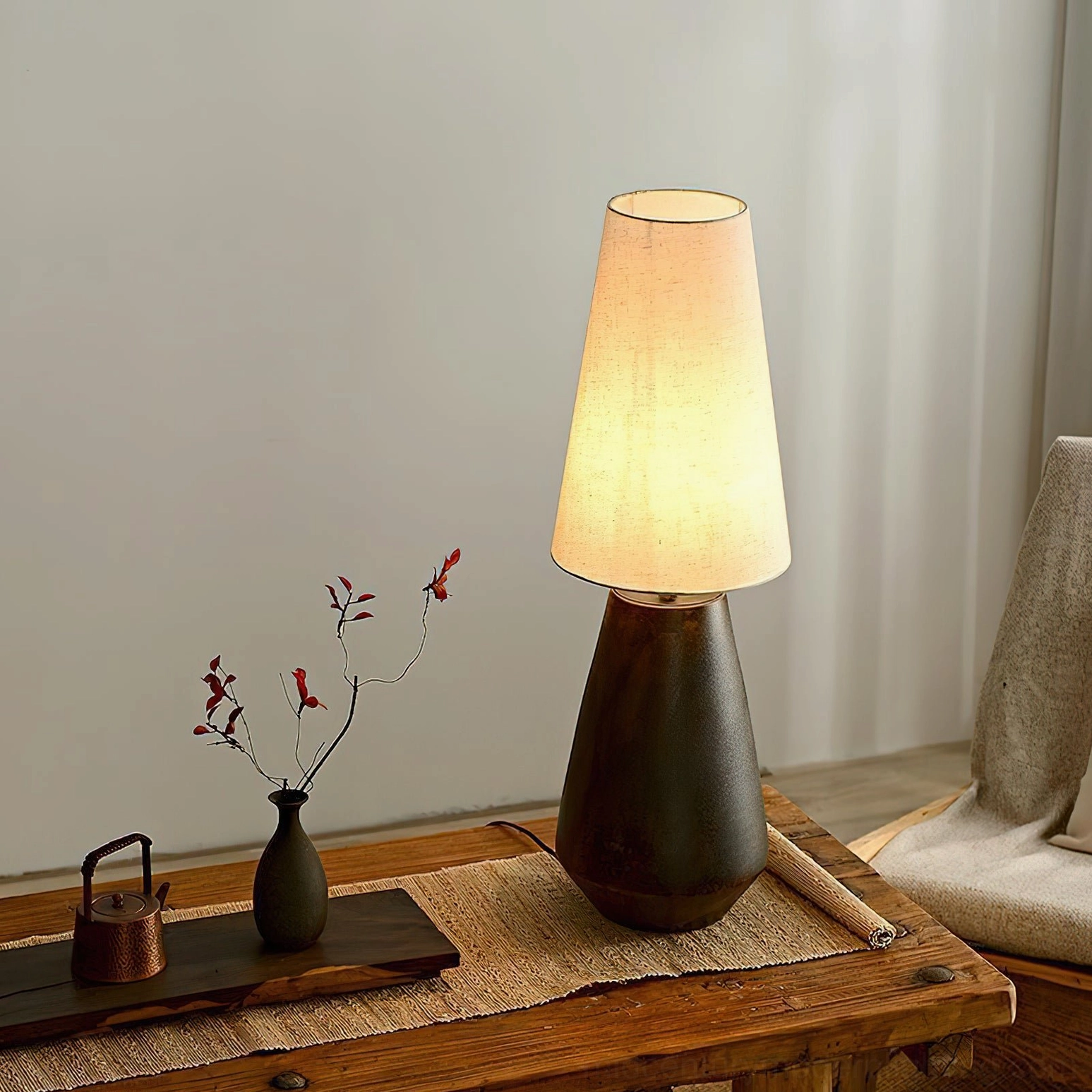 Ceramic table lamp with natural fiber shade, mid-century modern minimalist design for bedroom or living room