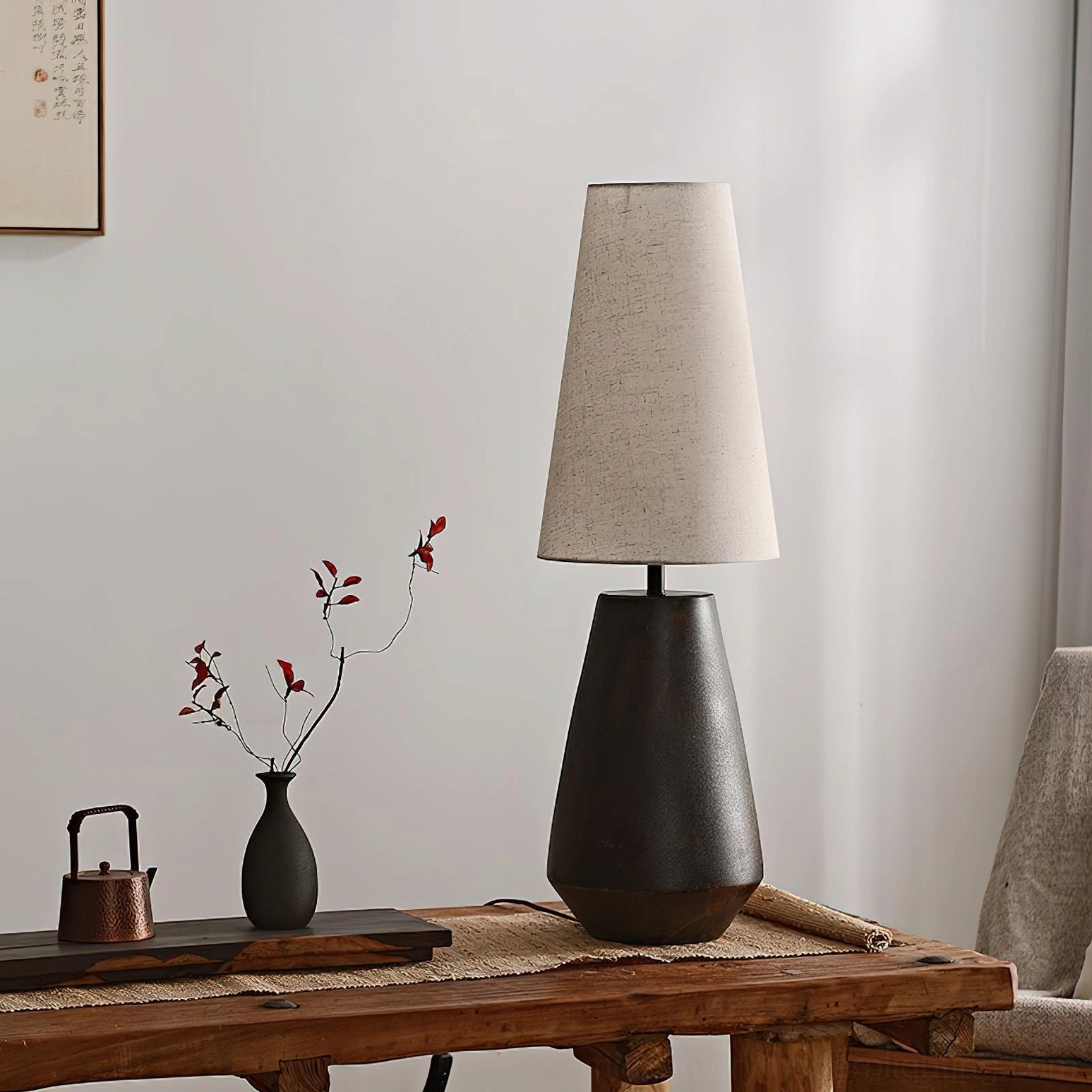 Tapered ceramic lamp rustic brown finish, sculptural form for contemporary home decor and ambient lighting